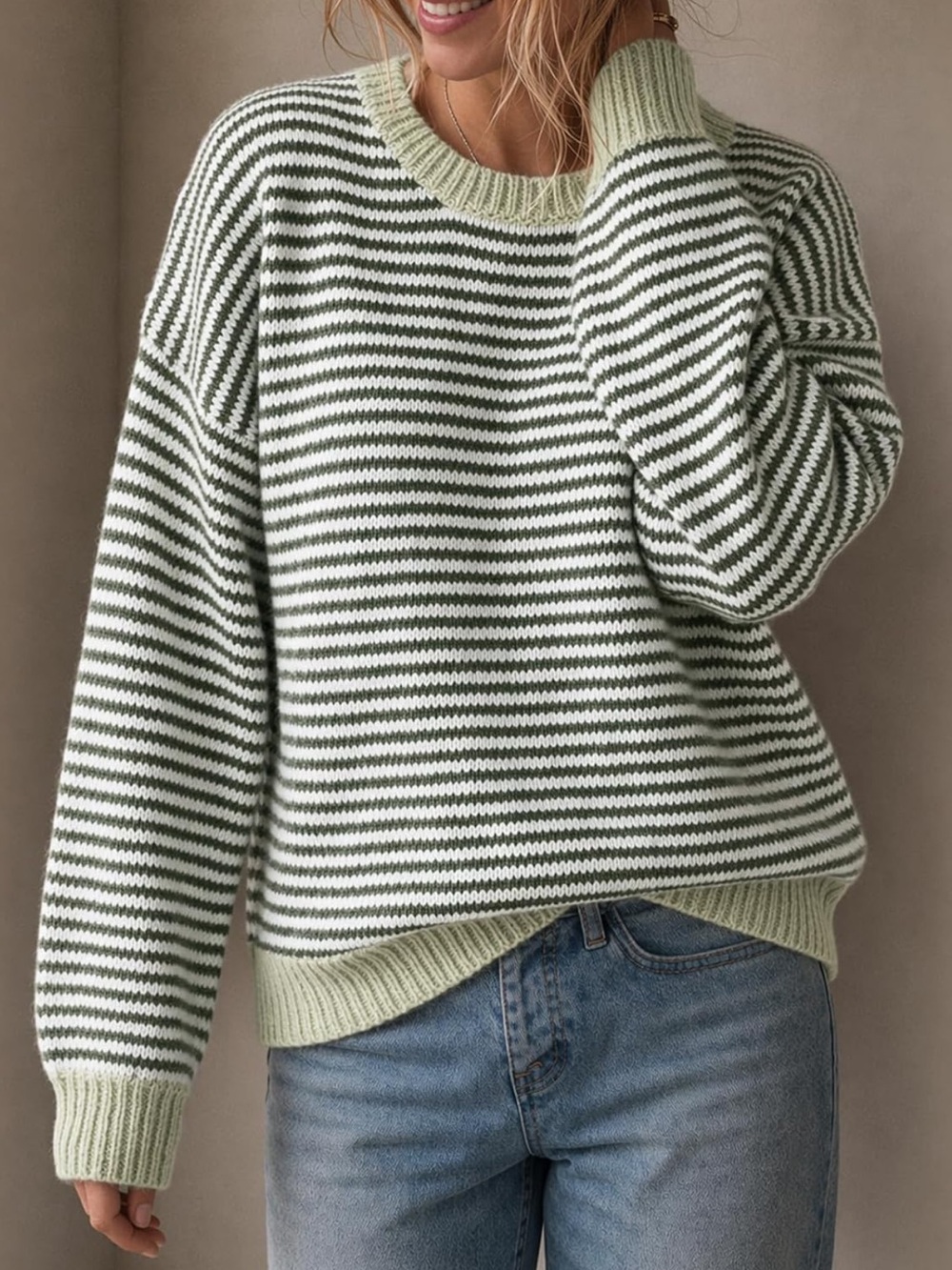 Women’s Striped Crewneck Sweater - Sage and Cream